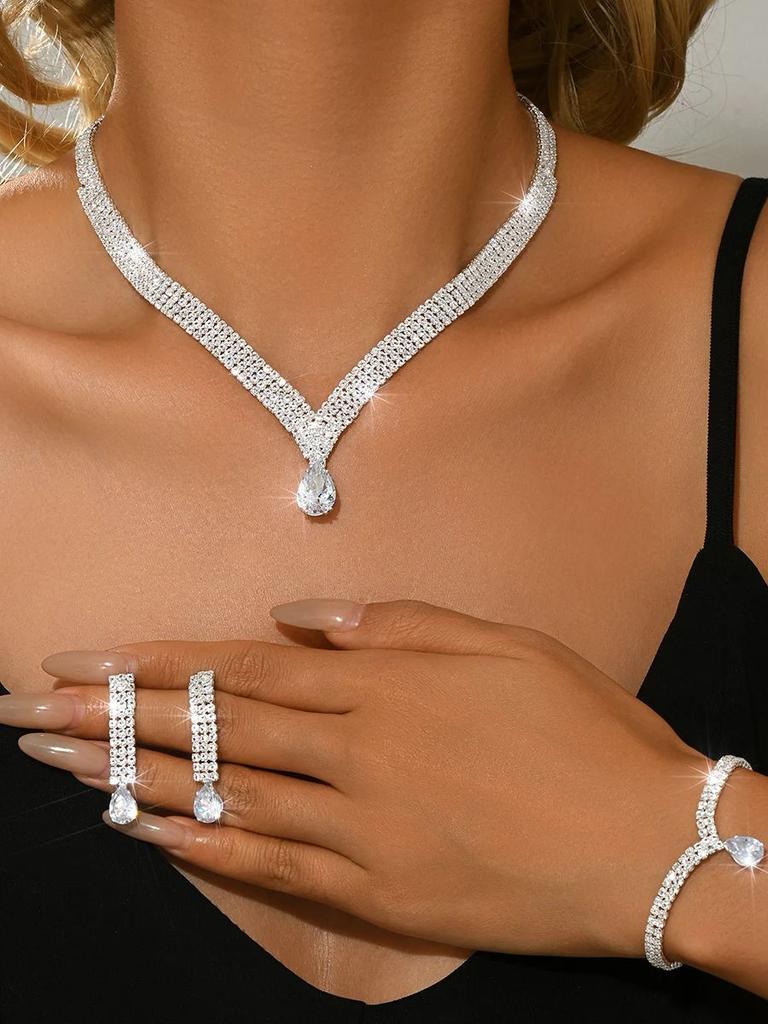 Cross Border Bridal Wedding Accessories Necklace, Bracelet, Earrings, Ring Set, Women's Four Piece Set