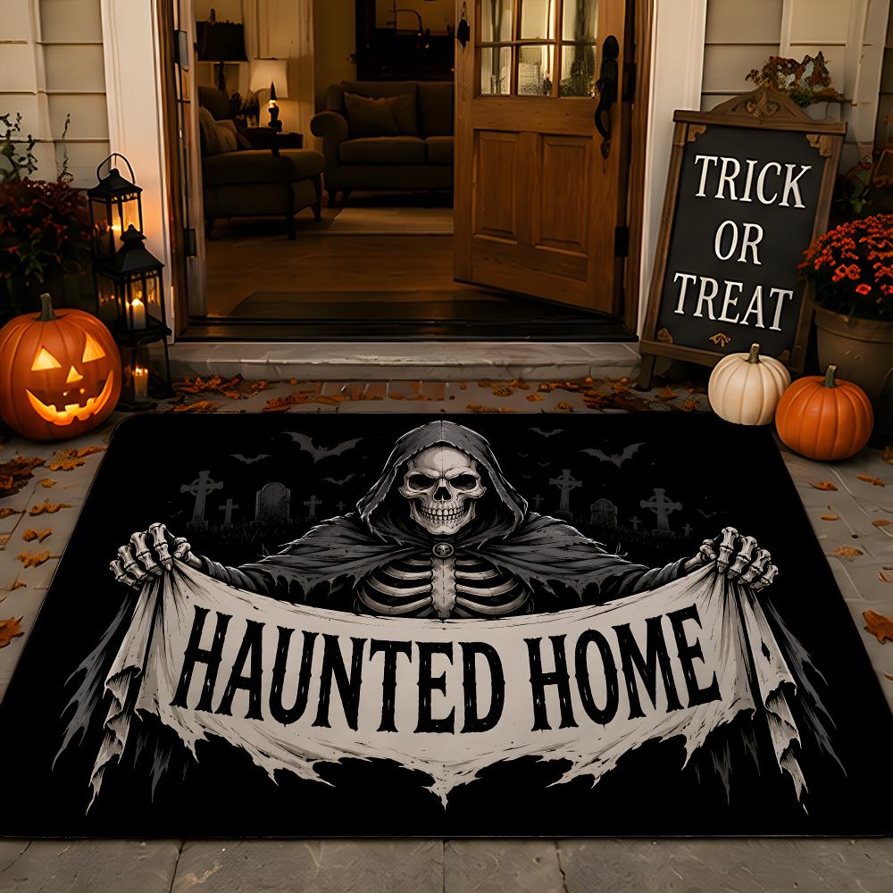 Dark Skeleton Halloween Banner Signs Floor Mat Festive Decorative Flannel Non-Slip Washable Mat for Entry & PartyParty-Ready