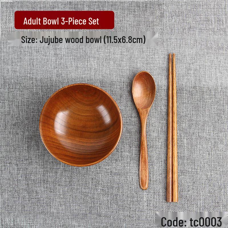 Handmade Japanese-Style Solid Wood Bowl Set for Family and Children - Large, Lacquered, Retro Design, Thickened for Rice and More