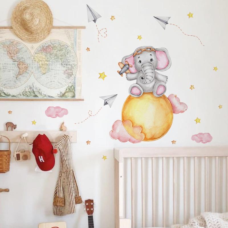 Baby Elefant Ballong Stjerne Tegneserie Veggklistremerke Stue Barnerom Dekorativt Veggklistremerke