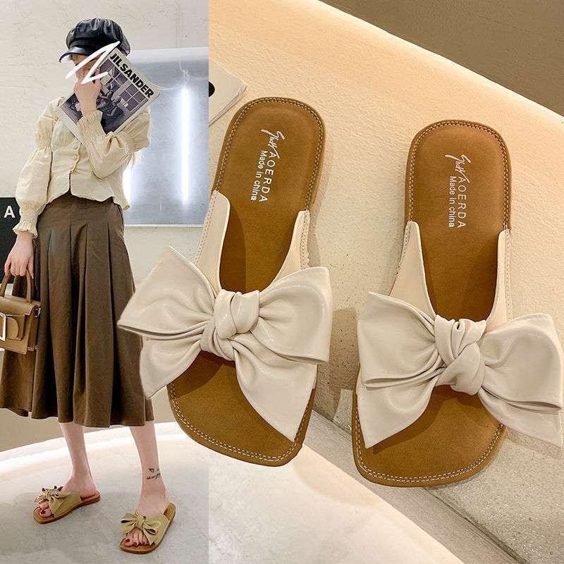 Bow Maternity Slippers Women's Summer Wear Flat Bottom Fashionable Versatile Word Soft Bottom Comfortable Non-slip Cool Slippers