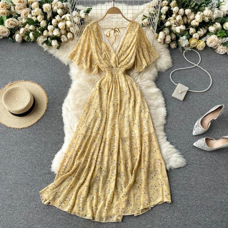 Summer V Neck Floral Long Dress Women High Waist Ruched A Line Short Sleeve