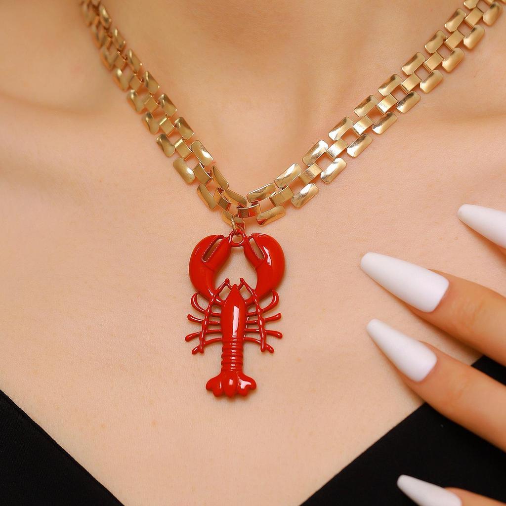 Summer Ocean Style Lobster & Crab Pendant Necklace with Pearl & Stone Clavicle Chain