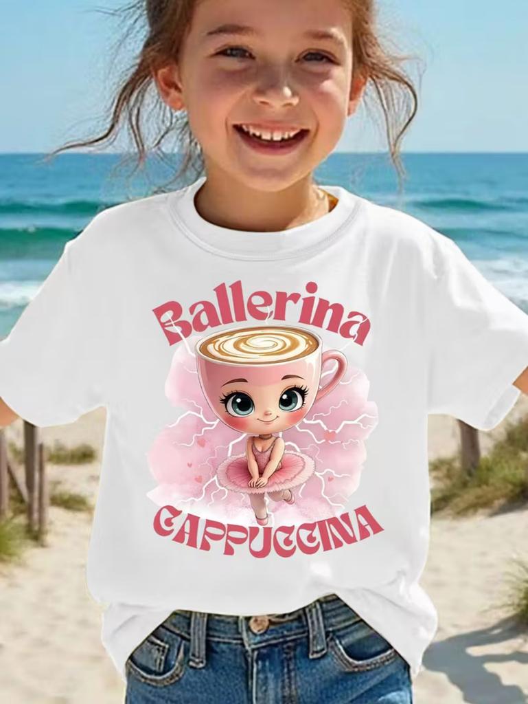 Girls Pure Cotton Tshirt Italianstyle Cappuccino Shortsleeved Top Featuring A Cute and Fun Animal Ballerina Perfect Summer