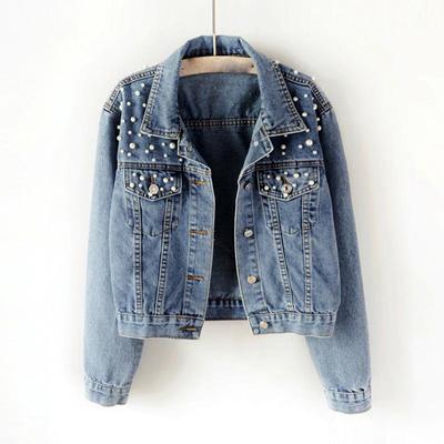 Dżinsowy płaszcz Jesienne perłowe koraliki Krótkie kurtki jeansowe Kobiety z długim rękawem Vintage Casual Jean Jacket Coat