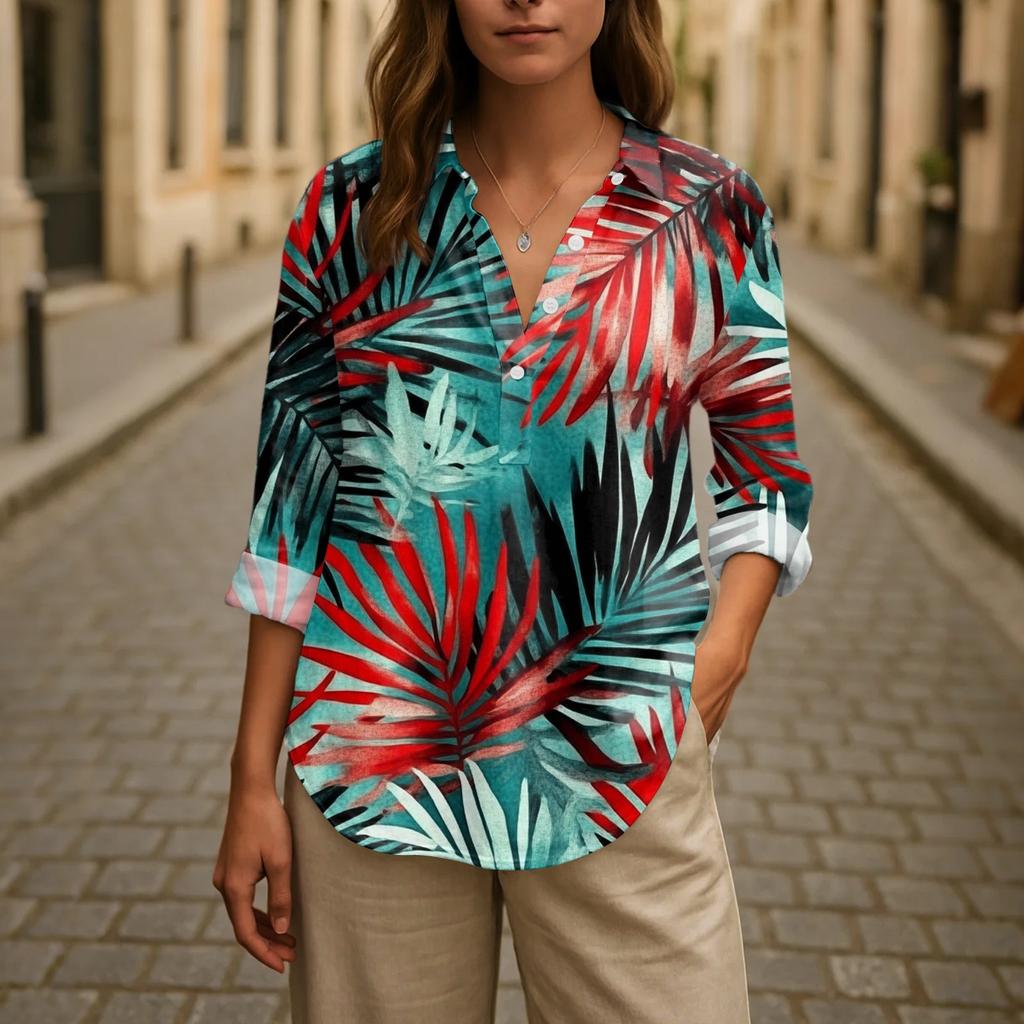 Women's Casual Spring And Summer Loose Printed Casual Sleeved Lapel Pullover Shirt