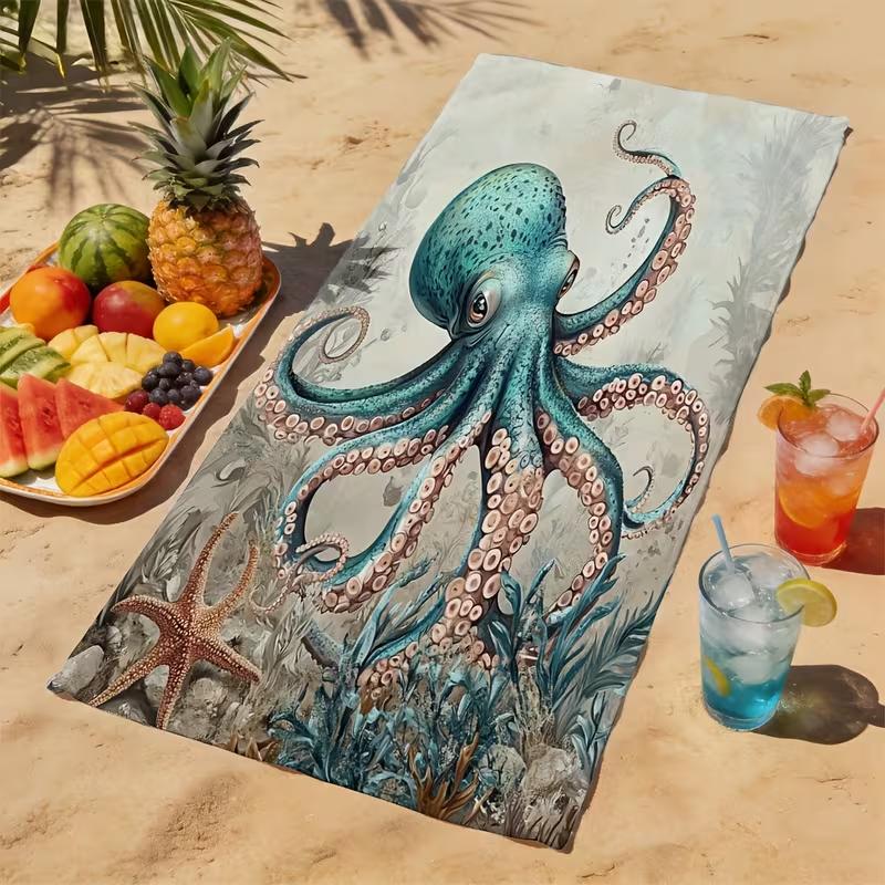 Vintage Oktopus Ozean Strandtuch Unterwasser Meereskunst Druck Schnelltrocknend Sandfest Saugfähiges Handtuch für Strand Reisen Urlaub