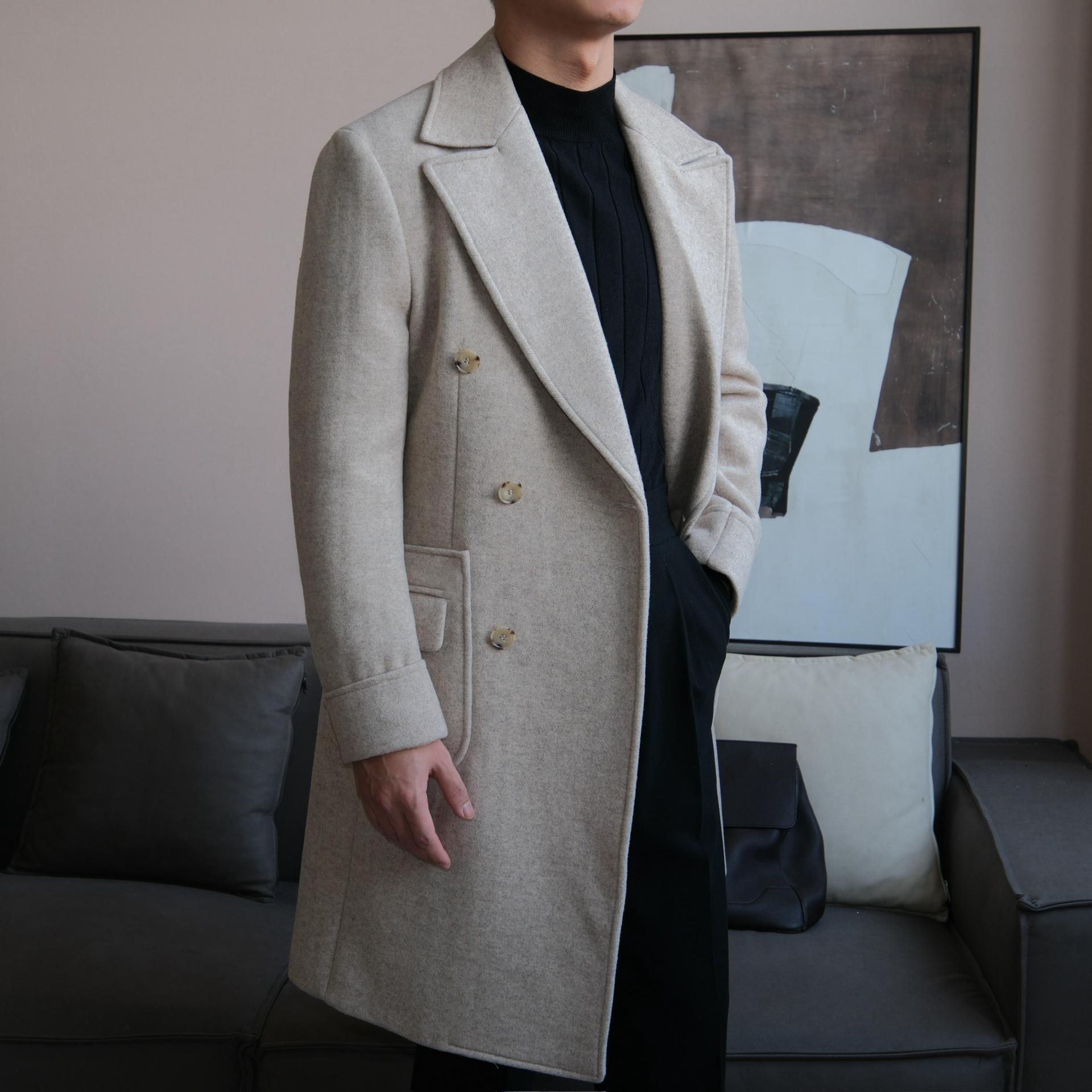 

Men s Double-Breasted Ulster Collar Wool Coat - Thick Italian Wool for Autumn/Winter 2XL