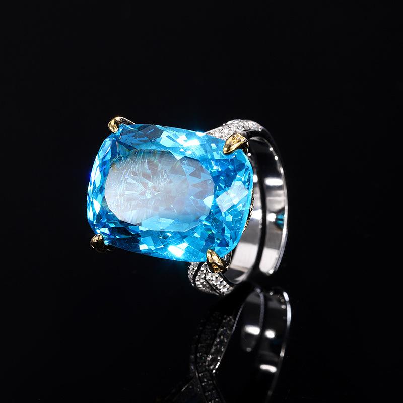 Jewelry Simulation Bird'S Nest Cut Sea Blue Treasure White Plated Blue Temperament Fat Square Set Main 15 * 20