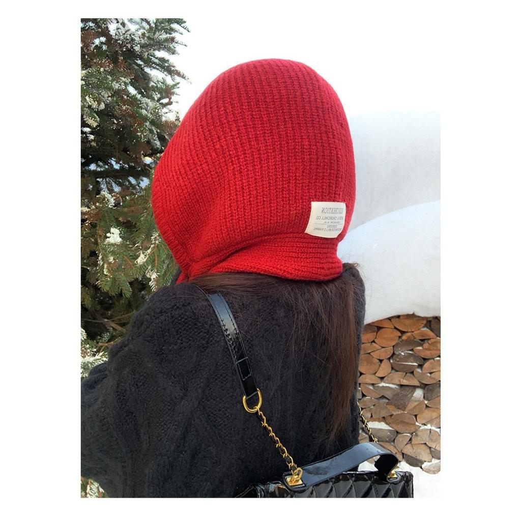 Red Hat Women's Autumn/Winter Warm Knitted Hat Scarf One Piece Hooded Neck Knitted Hat Winter