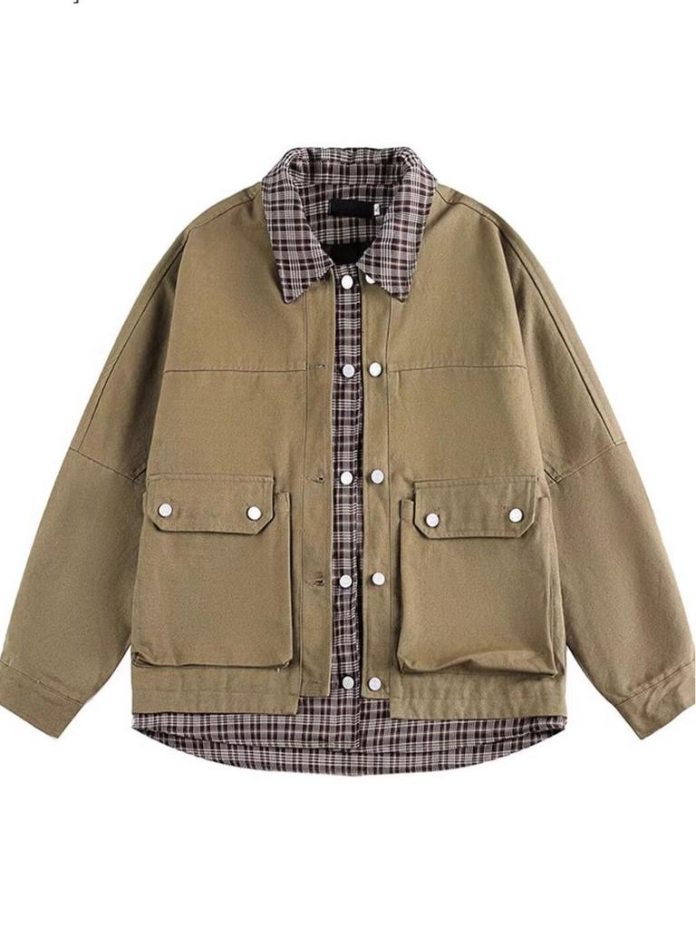 American Street-Style Plaid Patchwork Jacket - Autumn 2025 Collection