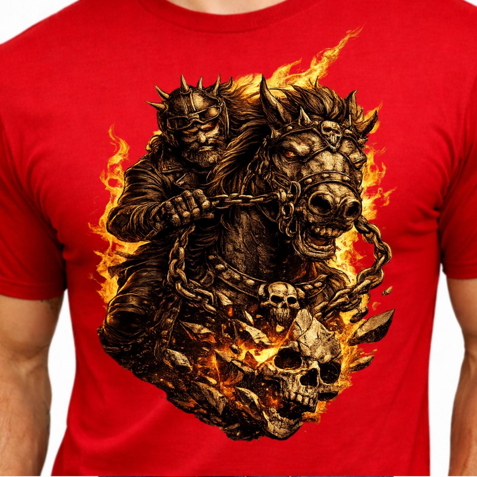 Fiery Skeleton Horse Rider Gothic Biker Flaming Skulls Chains Graphic T-Shirt. XXXL