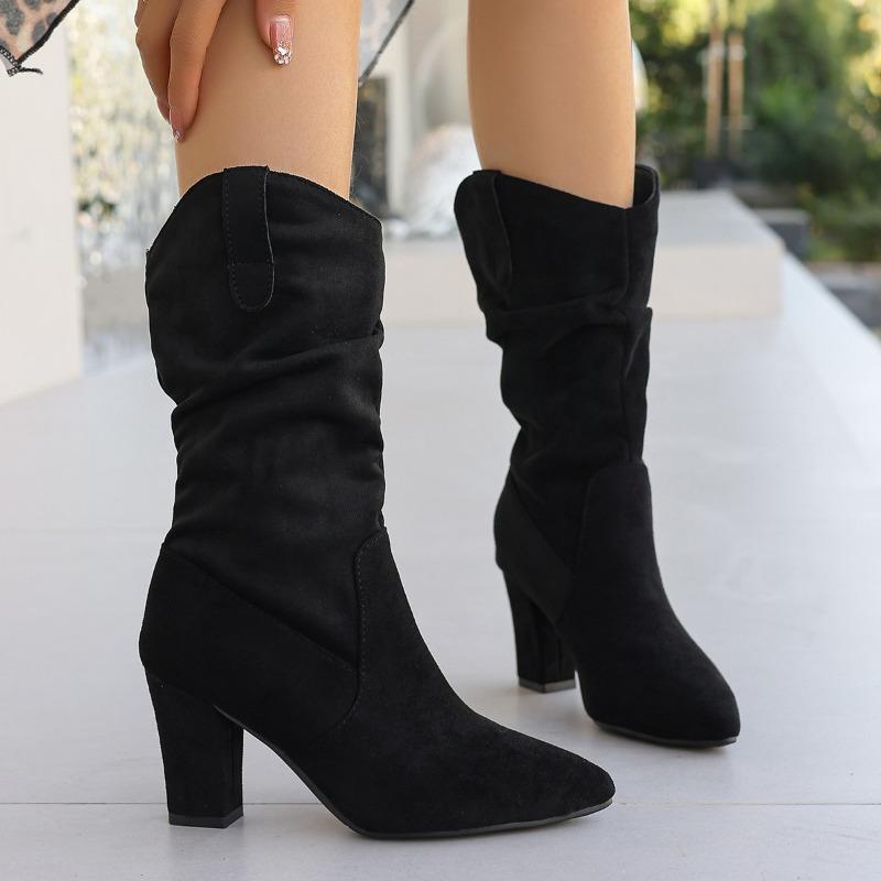 Women's Pointed Toe Slouchy High Heel Fashion Boots, Suede Chunky Heel Ankle Boots, Plus Size Winter Shoes