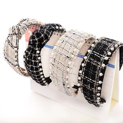 Vintage Wool Plaid Cloth Knotted Headbands for Women Daily Party Headpiece Wide Head Hoop Sewn With Pearls Decorations
