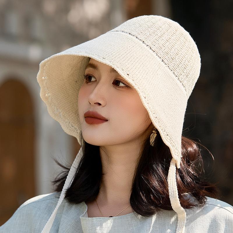 Sonnenhut Damenmode Gestrickter Fischerhut Vielseitiger Stil Outdoor Spitzenband Fischerhut