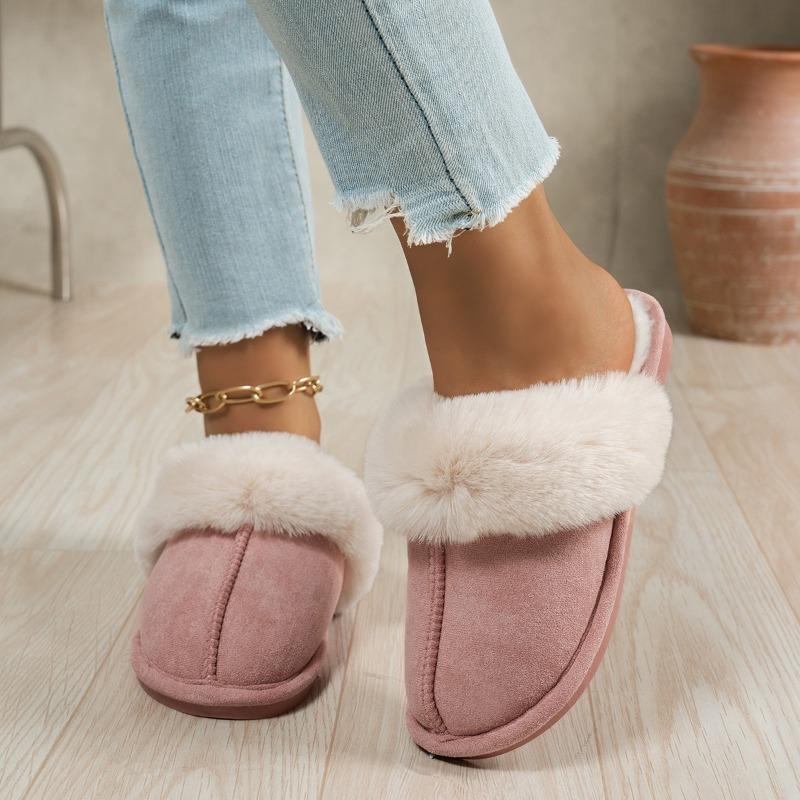 Fall/Winter Solid Color Deerskin Fleece Large Wool Warm Cotton Slippers Round Toe Deep Mouth Soft Sole Non-slip Flats