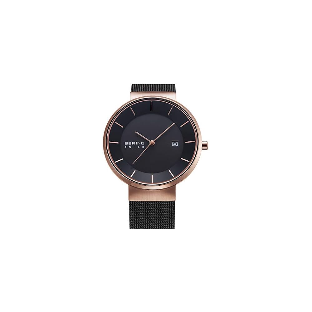 BERING Solar Watch for Men and Women (Unisex) Black and Rose Gold Stainless Steel with Mesh Strap and Sapphire Crystal (Product Number: 14639-166) Off