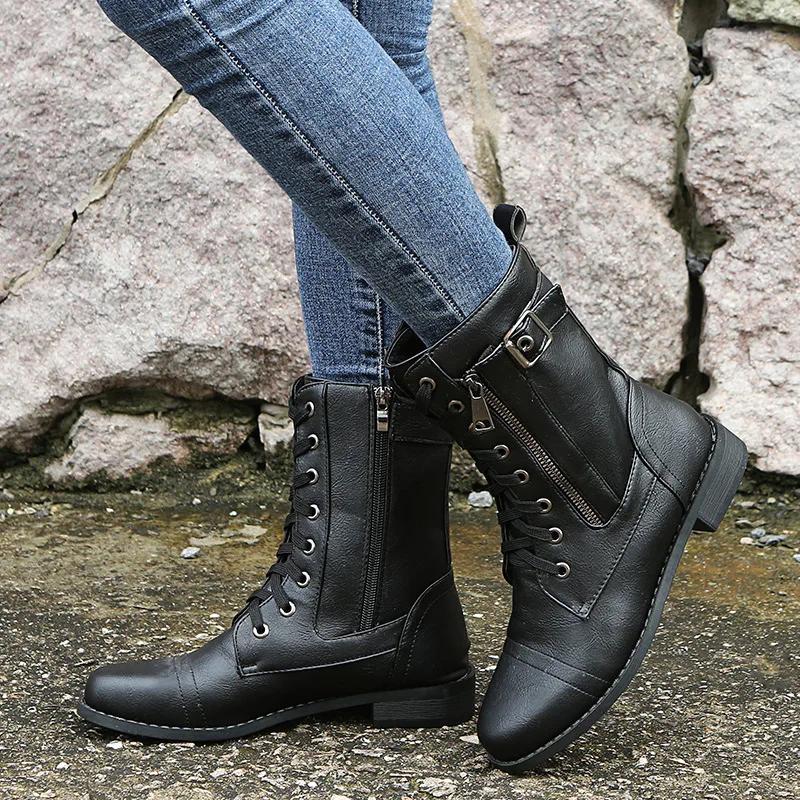 Hot Autumn/winter 2024 New Front Lacing Side Zipper Low Heel Mid-calf Women's Boots Big Size 36-43