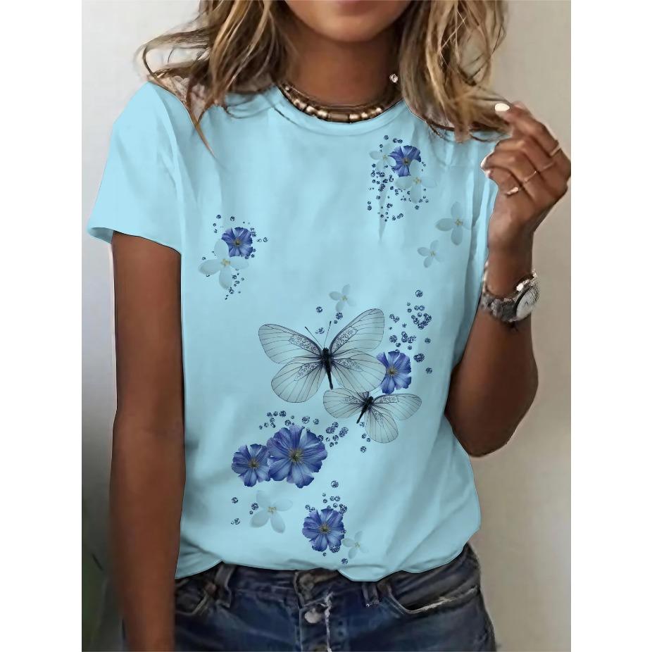 Women's 3D Printed Butterfly & Floral Casual T-Shirt - Vibrant Purple/White/Black/Blue/Grey, Breathable Machine-Washable Fabric, All-Season Comfort