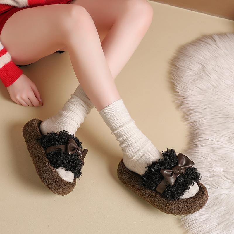 Korean Version Thick-bottomed Bag Head Bow Fluffy Slippers Women's Outer Wear 2025 New Autumn and Winter Velvet Warm Cotton Slippers