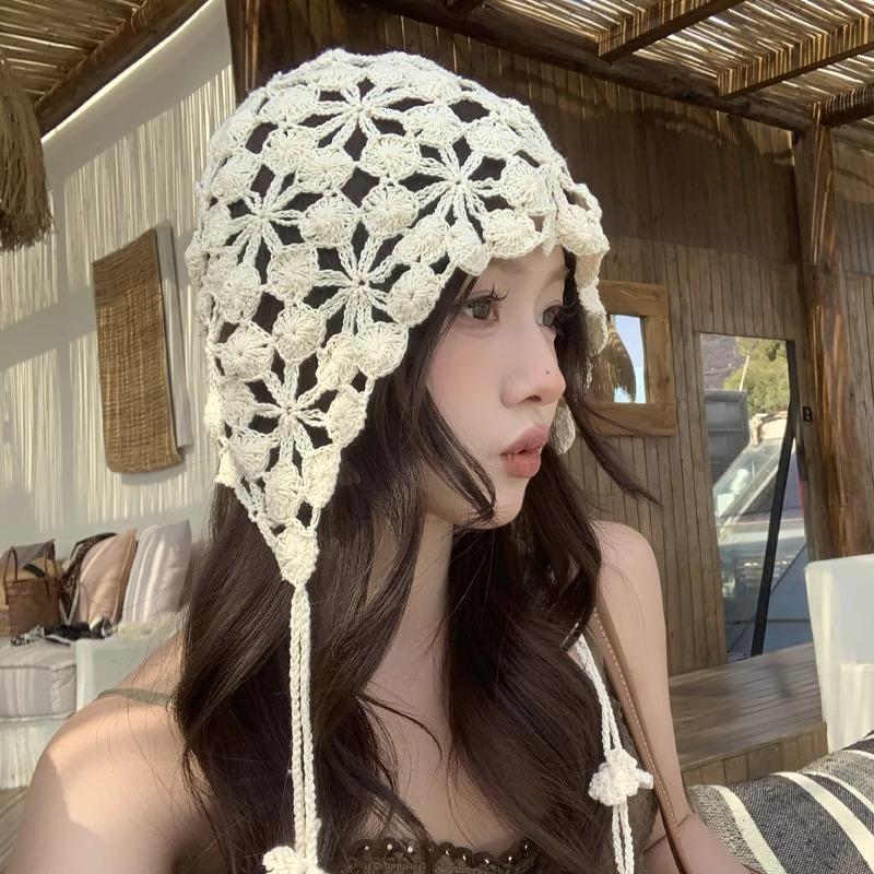 Autumn and Winter New Hand-crocheted Knitted Hat Children's Hollow Flower Pile Hat Sweet and Cute Fringed Headhat