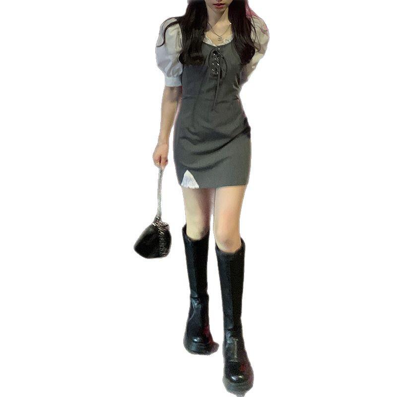 French Niche Splicing Fake Two-piece Gray Dress Summer Design High-end Slim-fitting Hip-wrapped Small Short-sleeved Skirt