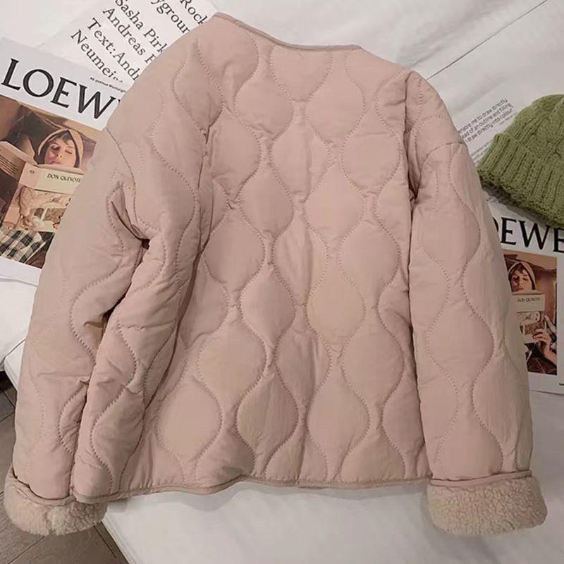 Zimní bunda nadměrné velikosti 2025 z jehněčí vlny s bavlněnou výplní - Korejský styl, Silná s kulatým výstřihem
