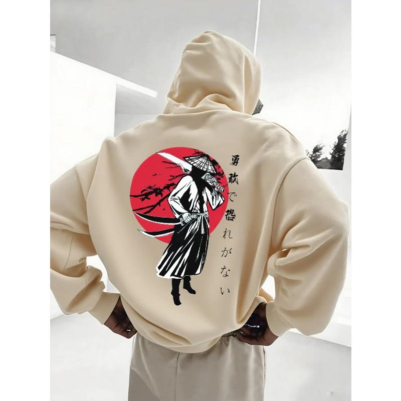 Men Fall Winter Y2K Oriental Hoodie Vintage Ink Ronin Warrior Katana Vertical Kanji Graphic Soft Fleece Hooded Sweatshirt