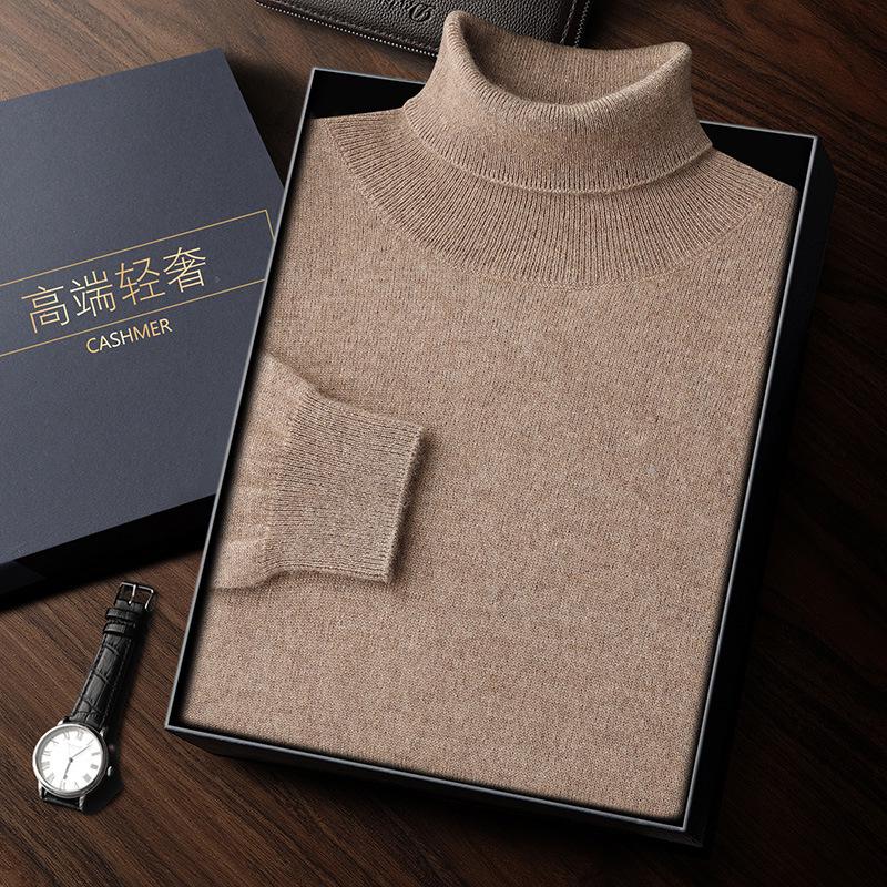 Men's High Neck Cashmere Sweater - Solid Color, Long Sleeve Knitwear for Casual and Business Wear