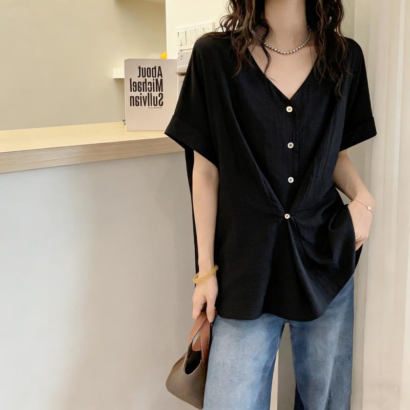 

2026 Summer Plus Size V-Neck Button-Up Short-Sleeve Shirt with Adjustable Waist Plus 4XL чёрный