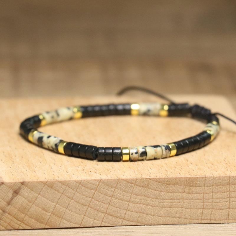 Bohemian Style Black Agate Spotted Beaded Bracelet | Adjustable Hand-woven Natural Stone Accessory | Anniversary Birthday Gift