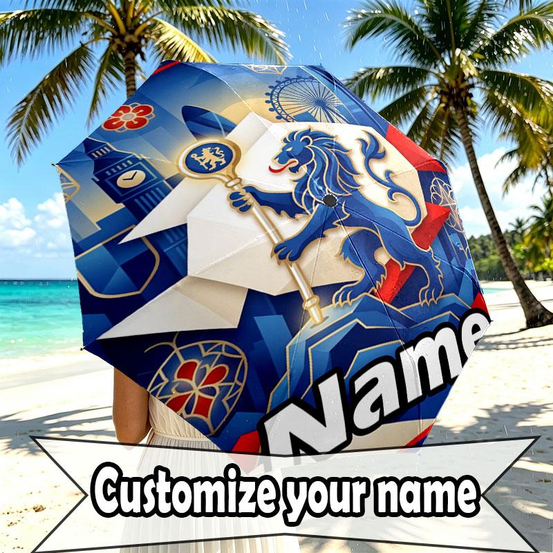 Custom Name Personalized Chelsea Football Club Print Umbrella, Auto Open Close, 8‑Rib Sturdy Frame, Commute Camping Hiking Use, Birthday Gift