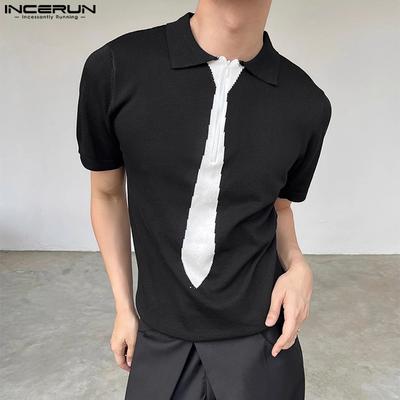 T-shirt casual da uomo con collo a revers, maniche corte, stampa cravatta e cerniera