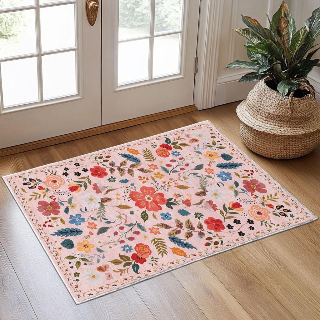 Door Mat Black Background Vibrant Wildflower Pattern Non Slip Washable Rug for Entryway Bathroom Home Decoration