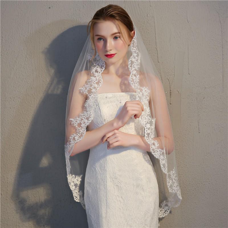 Mori Style White Lace Trim Bridal Veil - Medium Length Bridal Headdress for Travel Photography