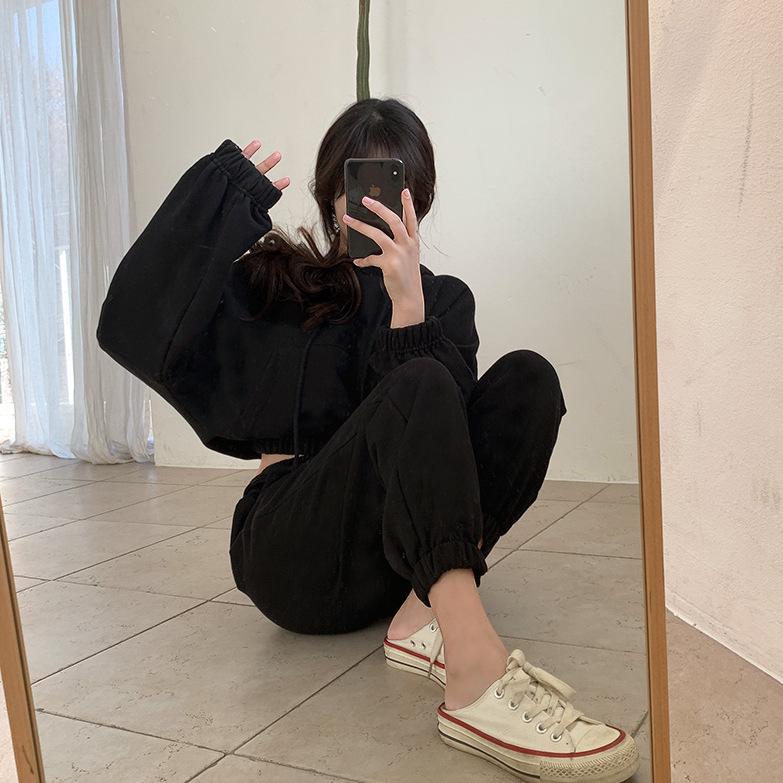 Korean Chic Long-Sleeve Hooded Sweatshirt + High-Waisted Jogger Pants Set