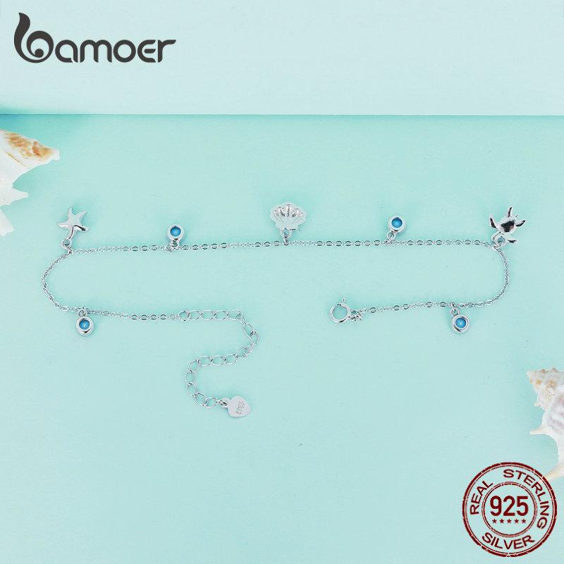 BAMOER 925 Sterling Silver Seastar and Shell Pendant Anklet Simple Chain Foot Jewelry for Women Platinum Plated Summer Jewelry