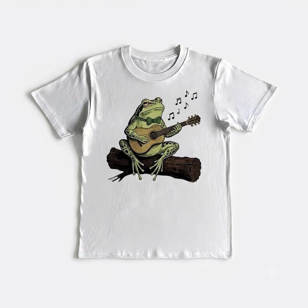 Frog Playing Guitar Funny Cottagecore Toad White TShirt S