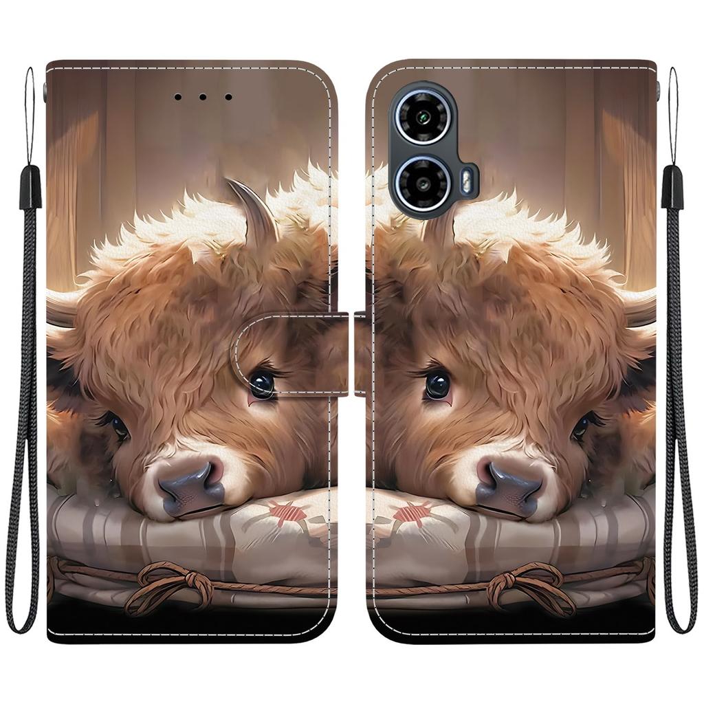 Handmade PU Leather Flip Case for Motorola Moto G34 Anti-Slip Shockproof Cover with Wrist Strap & Heart/Rose Cat Designs