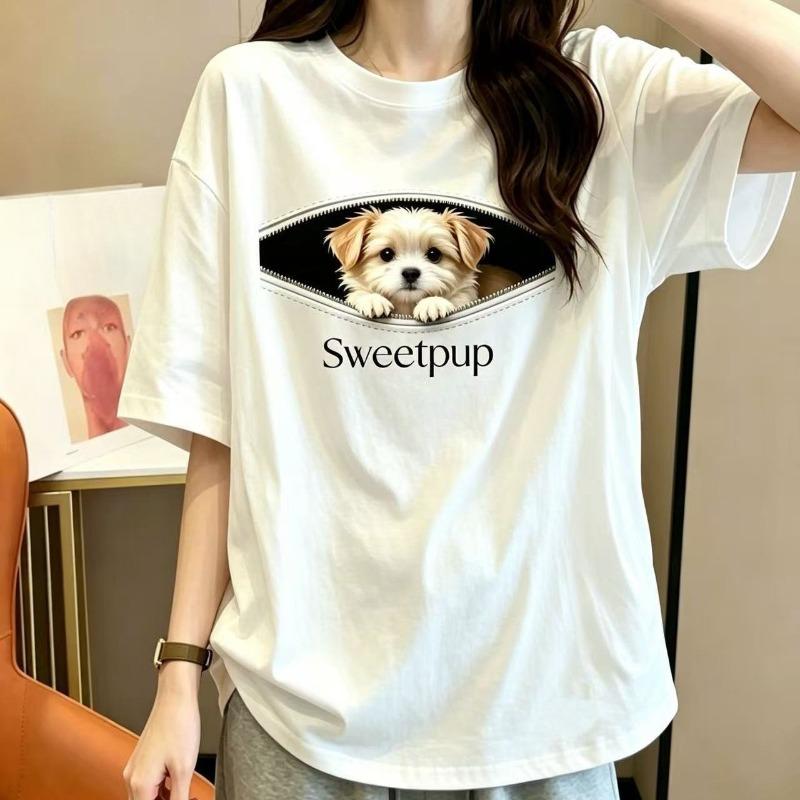 Women's Black Cotton Tee with Puppy Print – Casual Loose Fit Summer Shirt with Zipper