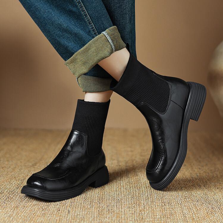 Fashion NEW Autumn Women Boots Split Leather Shoes for Women Round Toe Chunky Heel Shoes Slip-on Chelsea Boots Casual Weave Ankle Boots