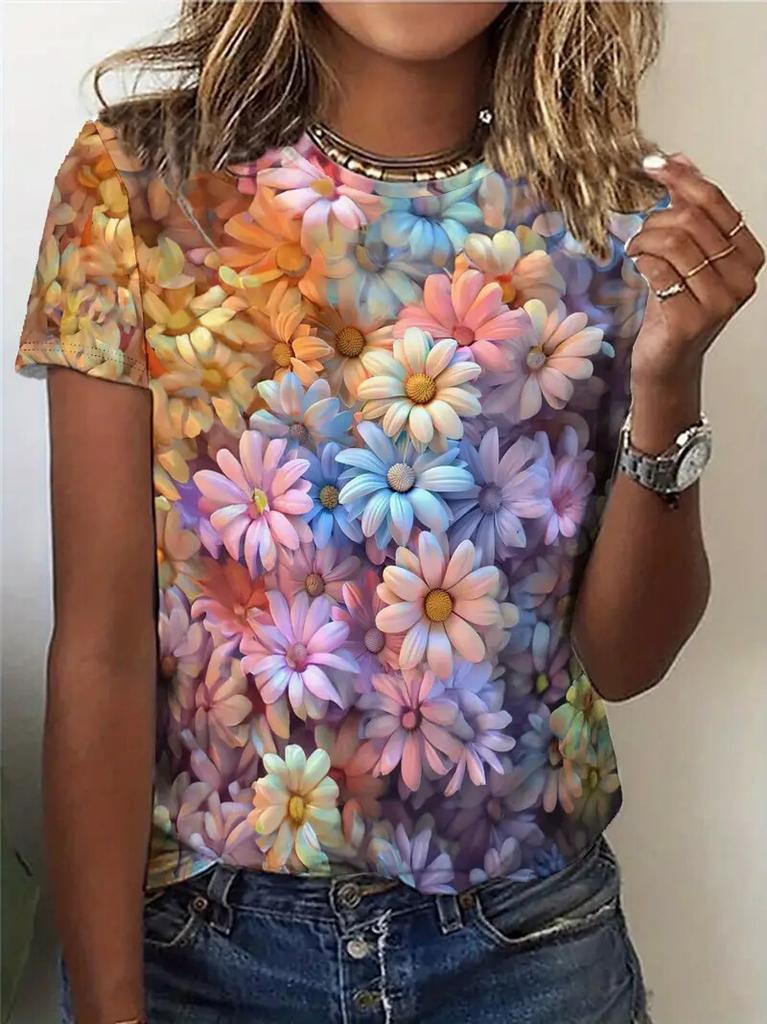 Women's T Shirt Casual Short Sleeve Flower 3d Print T-Shirt Summer Fashion Street Loose O-Neck Pullover Female Clothing