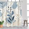 1pc Polyester Shower Curtain - Modern Botanical, Blue & Beige Leaves, Fluid Shapes, 70x70In, 12 Hooks, Machine Washable