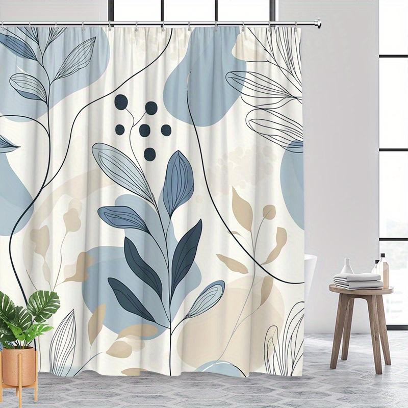 1pc Polyester Shower Curtain - Modern Botanical, Blue & Beige Leaves, Fluid Shapes, 70x70In, 12 Hooks, Machine Washable