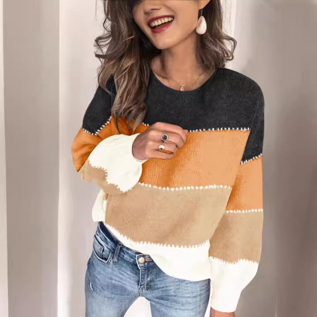 2025 Spring New Sweater Color Matching New Round Neck Medium and Long Loose Knitted Large Size Sweater