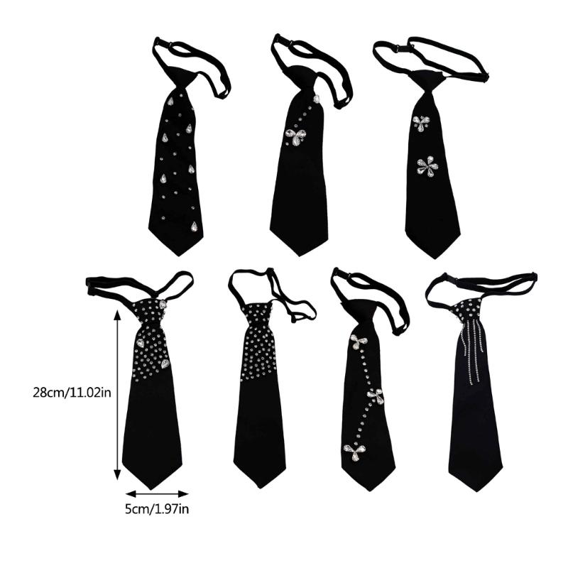 Elegant Rhinestones Embellished JK Shirt Tie for Women Men Harajuku Student Uniform Adjustable Pre Tied Black Necktie
