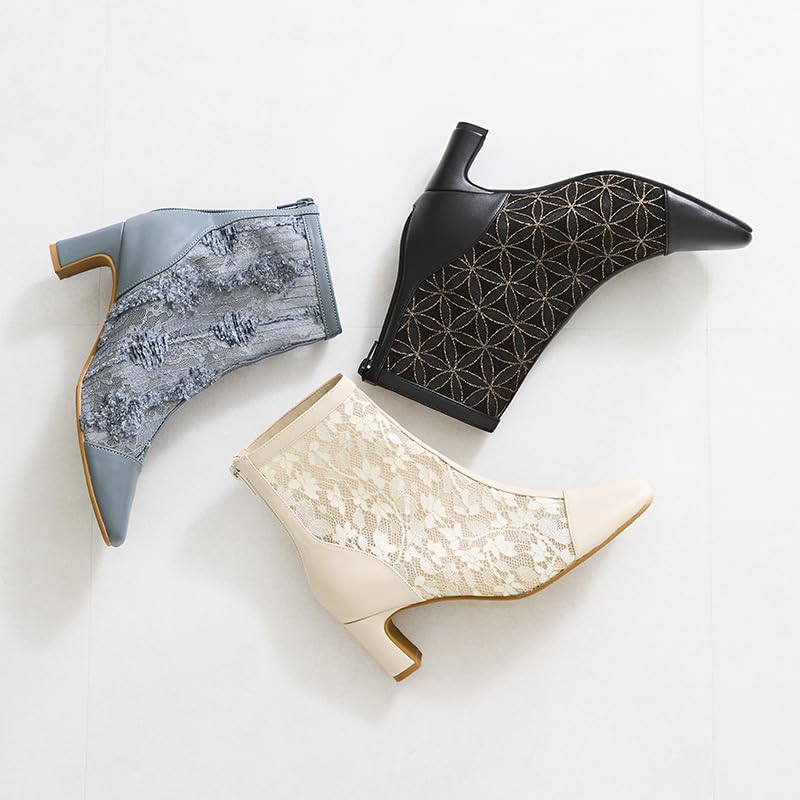 Fashion Short Tulle Floral Back Plate Style BEIGE [Oriental Traffic] Boots, Boots, Material, Pattern, Zipper, Heel, Up, Feminine,