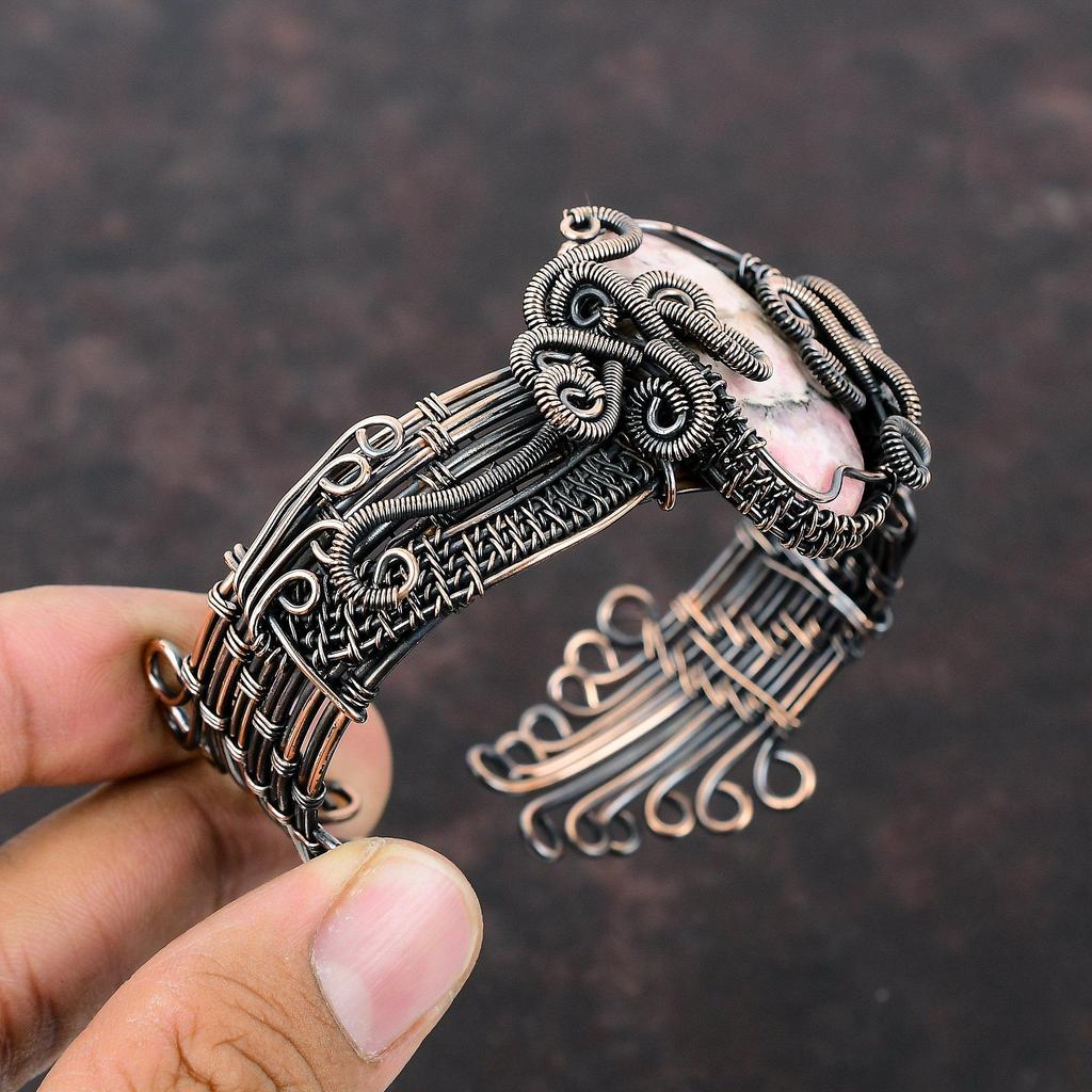 Rhodochrosite Cuff Bracelet Copper Wire Wrapped Bangle Adjustable Cuff Bracelet Gemstone Bangle Handmade Copper Wire Jewelry Gift For Mother