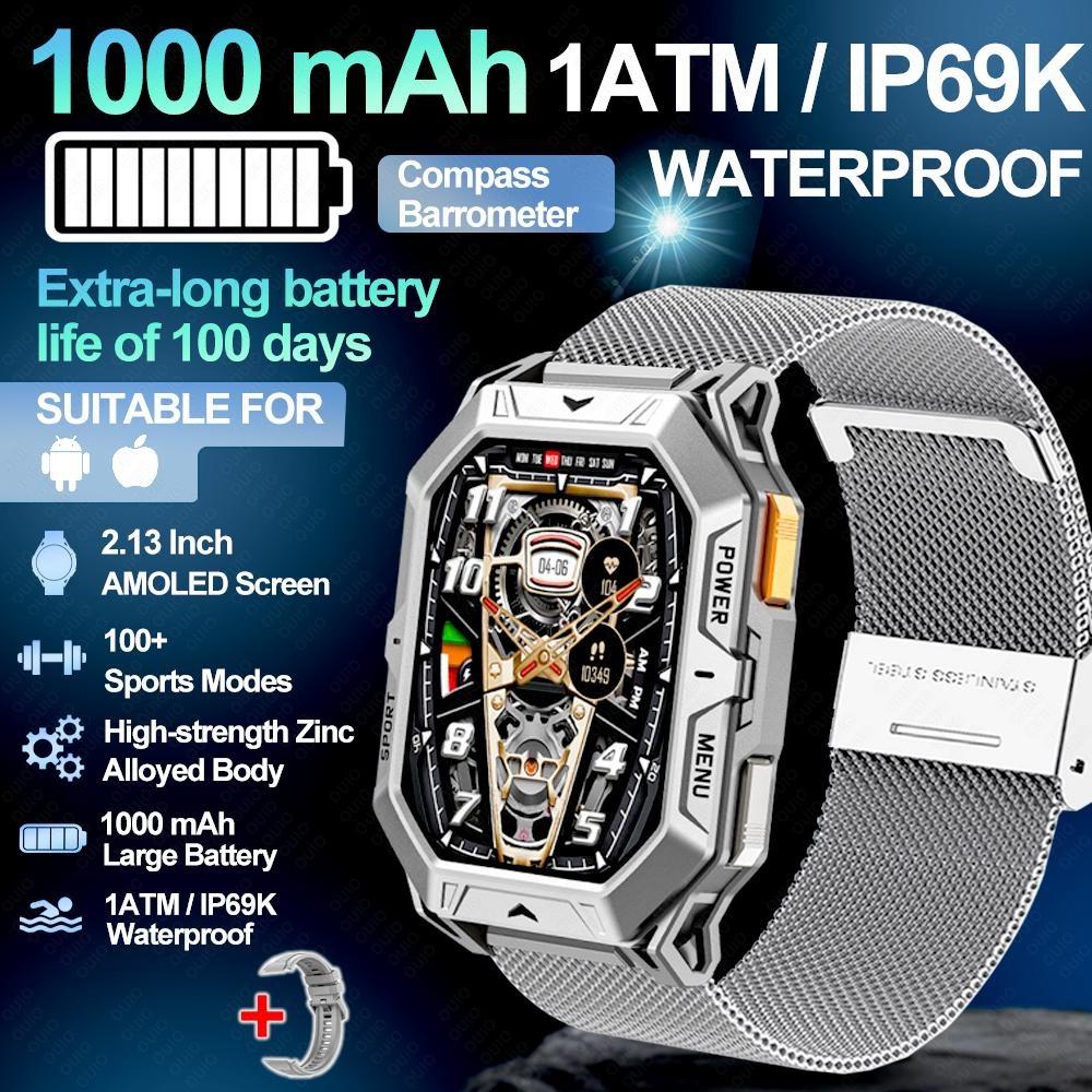 New 1000mAh Battery Smart Watch 2.13-Inch AMOLED Screen Men's Watch Compass 10ATM Waterproof Bluetooth Call Sports Smart Watch