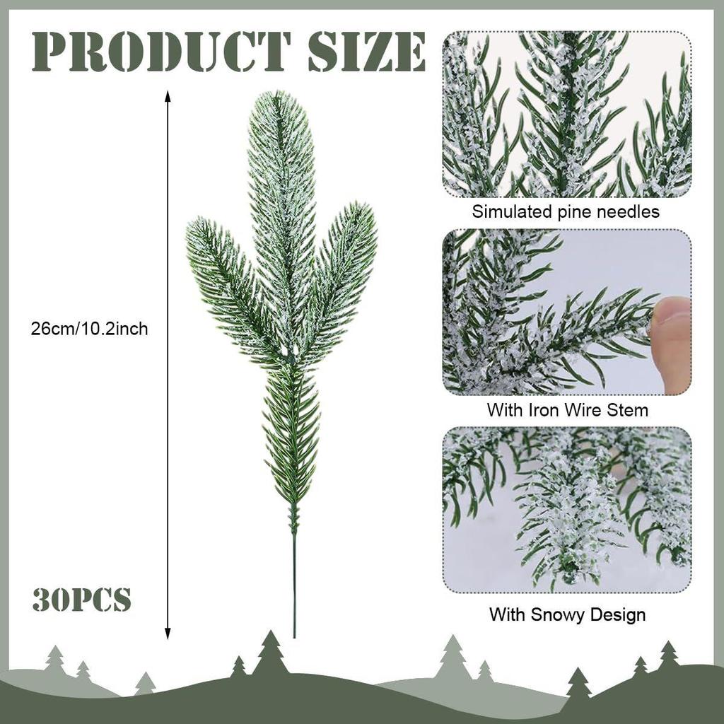 30pcs Christmas Tree Ornaments 10.24inches Snow-Dusted Pine Branches Green Flocked Needle Multi Purpose Decorative